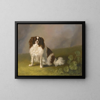 Portrait of a King Charles Spaniel in a landscape - Jakob Philipp Hackert — framed artwork on a wall