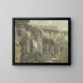 Roman Ruins with a Large Arch and Walls Overgrown by Plants - Jakob Philipp Hackert — framed artwork on a wall