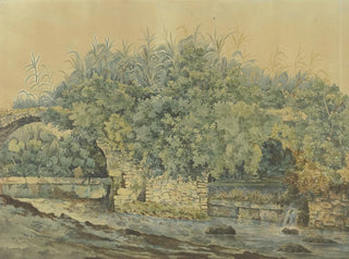 Ruined stone bridge over a stream overgrown with bushes and plants - Jakob Philipp Hackert — artwork view