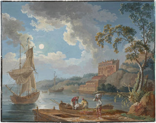 View of the pottery of Marieberg near Stockholm with boats and fishermen - Jakob Philipp Hackert — artwork view