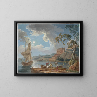 View of the pottery of Marieberg near Stockholm with boats and fishermen - Jakob Philipp Hackert — framed artwork on a wall