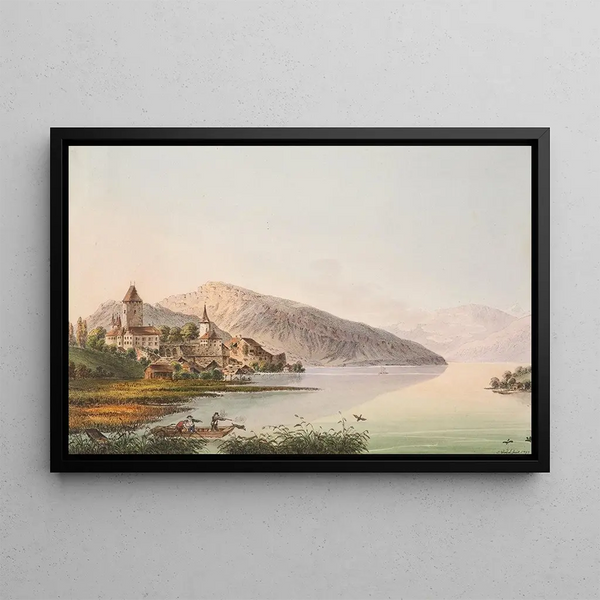 Vue du Château de Spiez au Lac de Thoune - Jakob Samuel Weibel — framed artwork on a wall