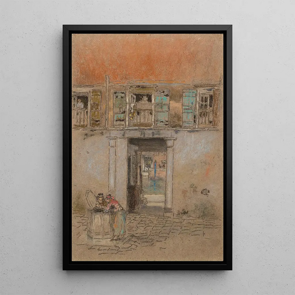 Interior courtyard painting on gray and red canal - James Abbott McNeill Whistler — framed artwork on a wall