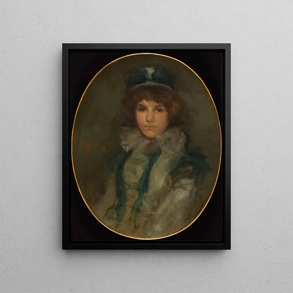 Blue and Coral Painting The Little Blue Bonnet - James Abbott McNeill Whistler — framed artwork on a wall