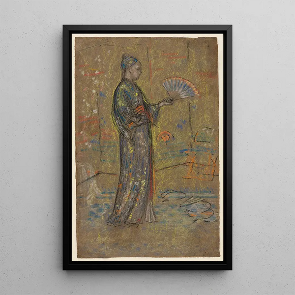 a Japanese woman painting a fan - James Abbott McNeill Whistler — framed artwork on a wall