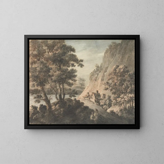 Landscape painting with river and figures - James Adam — framed artwork on a wall