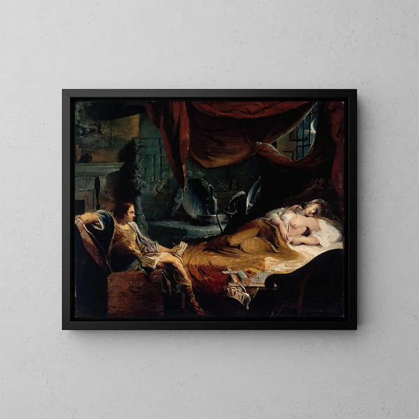 Iachimo emerging from the chest in Imogen's room - James Barry — framed artwork on a wall
