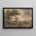 an extended wooded landscape painting with figures in the foreground on the left - James Baynes — framed artwork on a wall