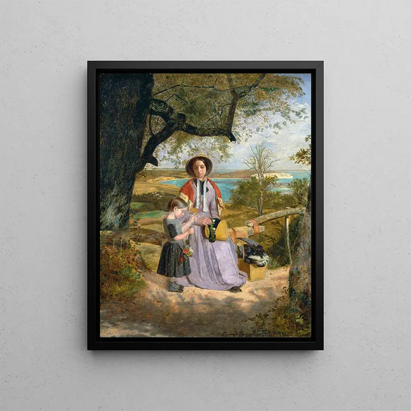 Mother and child near a trellis with Culver Cliff and the Isle of Wight in the distance - James Collinson — framed artwork on a wall