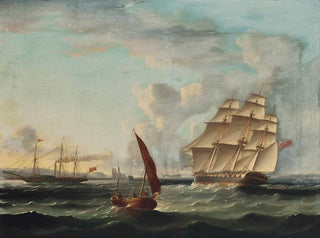 Frigate approaching the mouth of the Tagus with a steamboat passing the Belém Tower in Lisbon - James Edward Buttersworth — artwork view