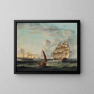 Frigate approaching the mouth of the Tagus with a steamboat passing the Belém Tower in Lisbon - James Edward Buttersworth — framed artwork on a wall