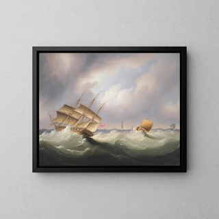 Frigate devant un phare - James Edward Buttersworth — framed artwork on a wall