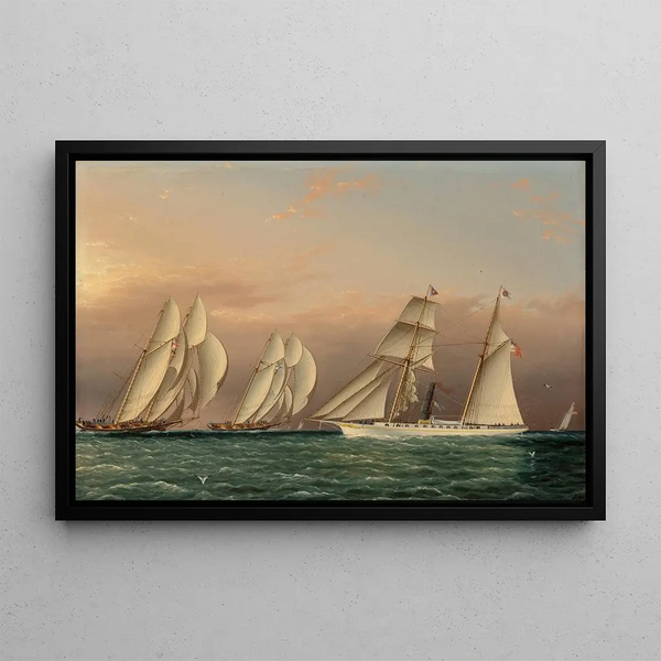 The Yacht EMILY of the New York Yacht Club observing a mark roundings race between the schooners DREADNOUGHT and COLUMBIA - James Edward Buttersworth — framed artwork on a wall