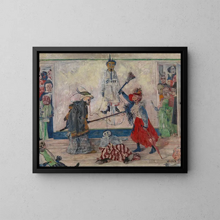 Skeletons fighting over the body of a hanged man - James Ensor — framed artwork on a wall