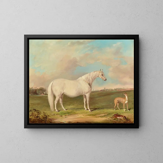 a gray mare, a lurcher, and a dead hare in a landscape - James Freeman — framed artwork on a wall