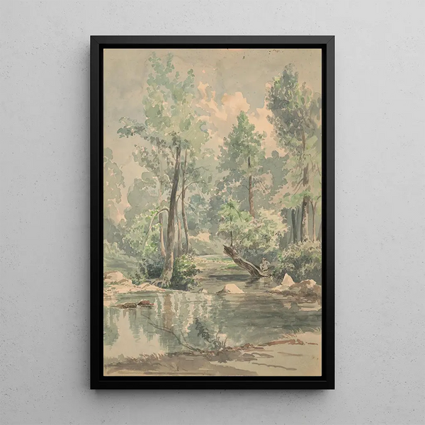 a man sitting on a fallen tree by a shaded stream - James Fuller Queen — framed artwork on a wall