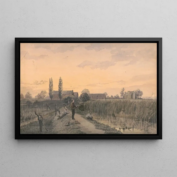 Partie de chasse aux oiseaux sur une levée avec des herbes marécageuses le long du rivage - James Fuller Queen — framed artwork on a wall