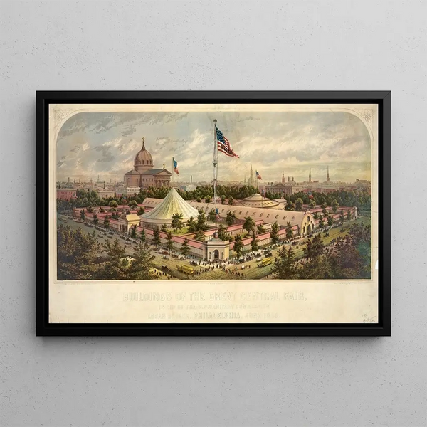 Buildings of the Great Central Fair for the benefit of the Sanitary Commission, Logan Square, Philadelphia, June 1864 - James Fuller Queen — framed artwork on a wall