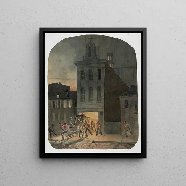 a fire station scene in Philadelphia showing firefighters from the Weccacoe Engine Co. - James Fuller Queen — framed artwork on a wall
