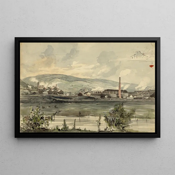 View of River with Factory - James Fuller Queen — framed artwork on a wall