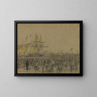 Scene on the Delaware River in Philadelphia during the harsh winter of 1856 - James Fuller Queen — framed artwork on a wall