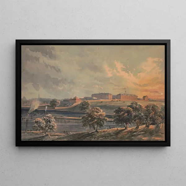 Arsenal of Schuylkill Painting at sunset from the other side of the Schuylkill River, view towards the west - James Fuller Queen — framed artwork on a wall