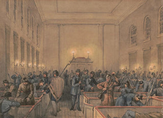 Croquis painting with the Co B 8th Regiment Pa Ma under the officers of the old guard of Southwark at Chambersburg - James Fuller Queen — artwork view