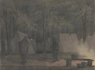 Croquis painting with the Co B 8th Regiment Pa Ma under the officers of the old guard of Southwark, Capitol grounds, Harrisburg - James Fuller Queen — artwork view