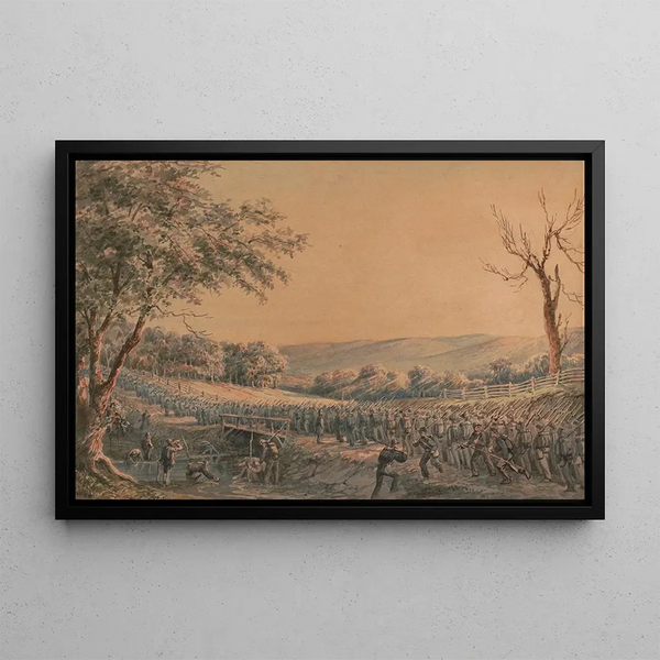 Croquis Painting with the B company of the 8th Pennsylvania Regiment under the officers of the Old Guard of Southwark on the Greencastle Road - James Fuller Queen — framed artwork on a wall
