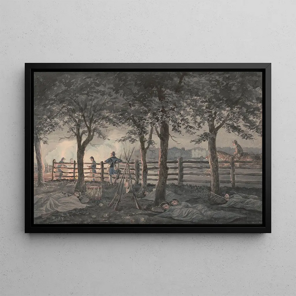 Croquis painting with the B company of the 8th Pennsylvania Regiment under the officers of the Old Guard of Southwark at night in the apple orchard - James Fuller Queen — framed artwork on a wall