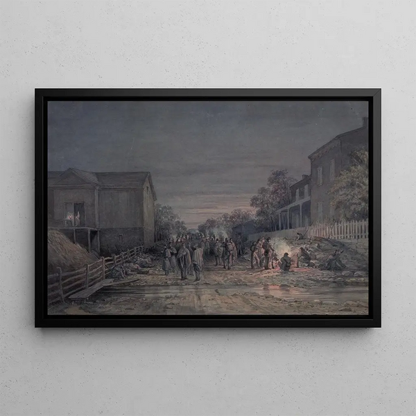Croquis painting with the B 8th regiment of the Pennsylvania militia under the officers of the Old Guard of Southwark at night after leaving the McClure camp - James Fuller Queen — framed artwork on a wall