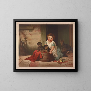 Petite fille appuyée contre une cuve renversée - James Fuller Queen — framed artwork on a wall