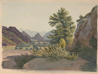 Scene of the West with buttes and possibly a pueblo community in the distance seen from a ravine with a cottonwood. - James Fuller Queen — artwork view