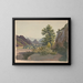 Scene of the West with buttes and possibly a pueblo community in the distance seen from a ravine with a cottonwood. - James Fuller Queen — framed artwork on a wall