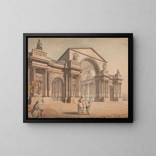 a project for a triumphal arch with classical figures in the foreground - James Gray Mayhew — framed artwork on a wall