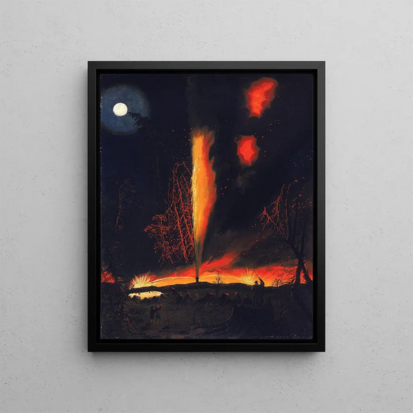 Oil Well on Fire at Night near Rouseville, Pennsylvania - James Hamilton — framed artwork on a wall