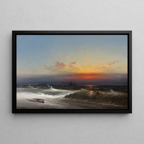 Evening on the Shore, Sunset, Breaking Waves, Philadelphia Harbor - James Hamilton — framed artwork on a wall