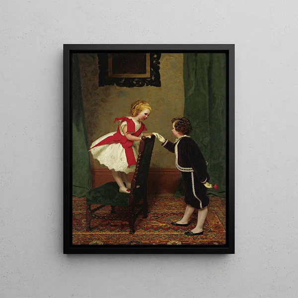 The First Flirt of Miss Lily - James Hayllar — framed artwork on a wall