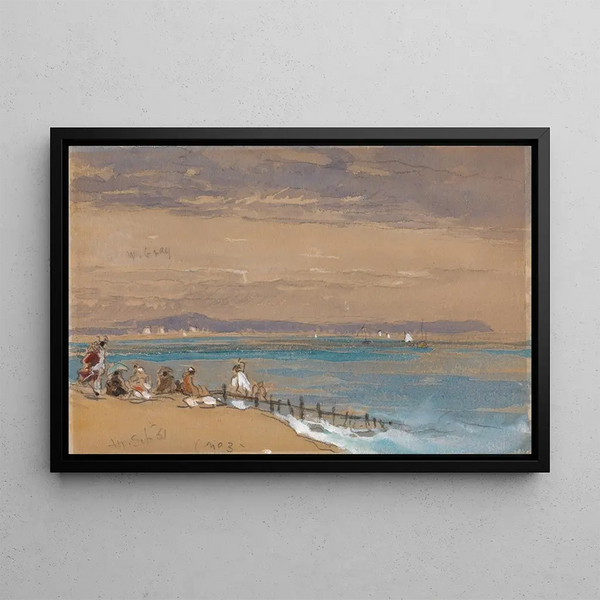 Beach scene with characters near a pier - James Holland — framed artwork on a wall