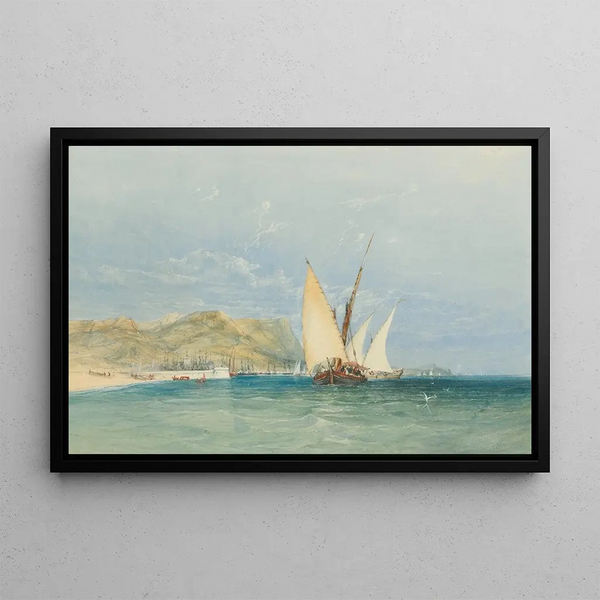 Coastal scene painting with sailboats - James Holland — framed artwork on a wall