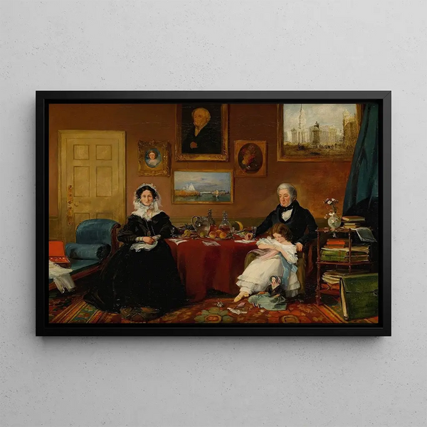 Portrait of the Langford family in their living room - James Holland — framed artwork on a wall