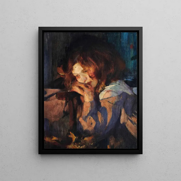 Cat by the firelight - James Jebusa Shannon — framed artwork on a wall