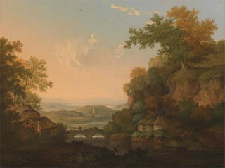 a river scene with thatched huts near a bridge over a lock - James Lambert de Lewes — artwork view