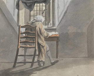 Rear view of a man sitting in an attic - James Miller — artwork view