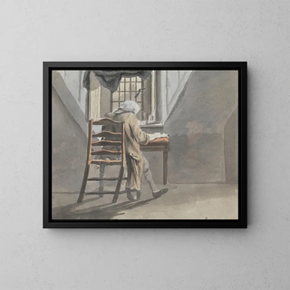 Rear view of a man sitting in an attic - James Miller — framed artwork on a wall