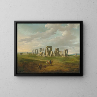 Stonehenge with a cart and travelers on horseback - James Ross — framed artwork on a wall