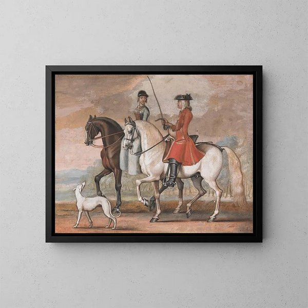 A gentleman on a saddle horse goes out with a lady - James Seymour — framed artwork on a wall