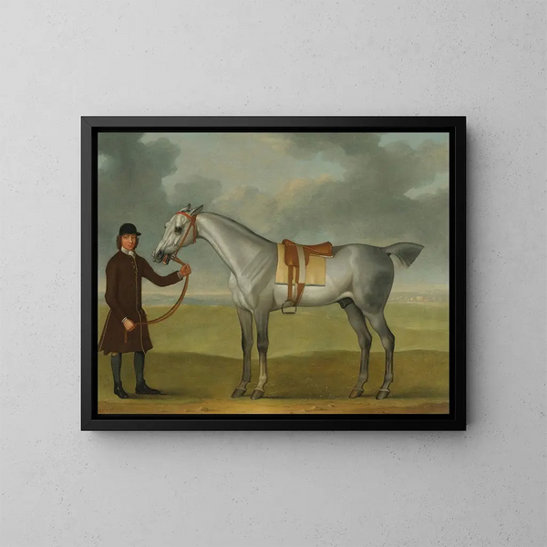M. Thomas Panton and a grey racehorse held by a groom on Newmarket Heath - James Seymour — framed artwork on a wall