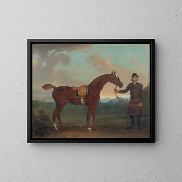 Old fox held by a stable hand - James Seymour — framed artwork on a wall
