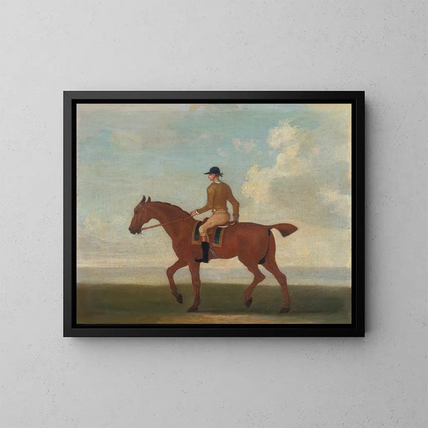 one of the four horse portraits, a chestnut racehorse with jockey walking to the left - James Seymour — framed artwork on a wall